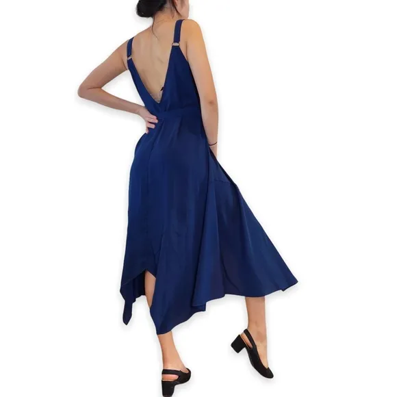 The Fifth Label Navy Blue Silky Asymmetrical Hem Midi Dress Size XS