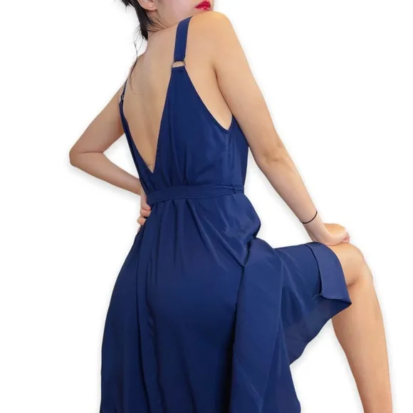 The Fifth Label Navy Blue Silky Asymmetrical Hem Midi Dress Size XS