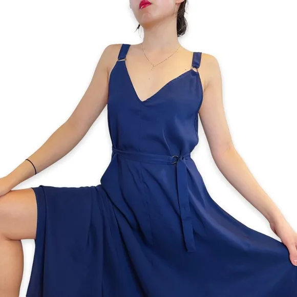 The Fifth Label Navy Blue Silky Asymmetrical Hem Midi Dress Size XS
