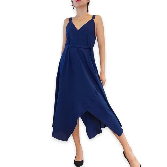 The Fifth Label Navy Blue Silky Asymmetrical Hem Midi Dress Size XS