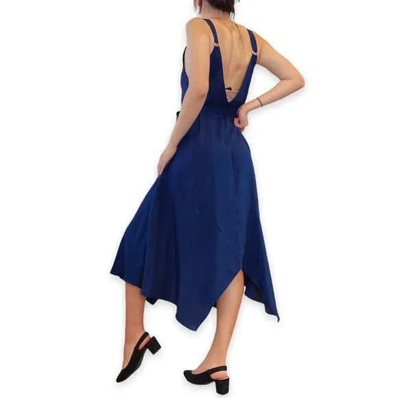 The Fifth Label Navy Blue Silky Asymmetrical Hem Midi Dress Size XS