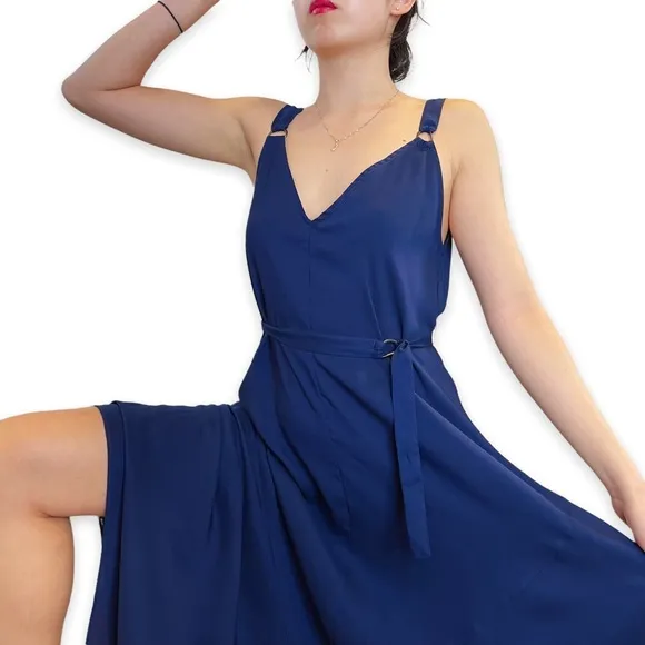 The Fifth Label Navy Blue Silky Asymmetrical Hem Midi Dress Size XS