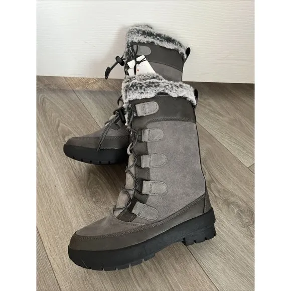 ThermoLite Snow Boots Winter Girls Size 1 Gray Faux Fur Trim Waterproof New