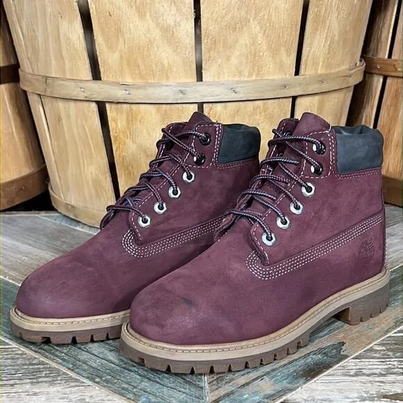 Timberland 6-Inch Premium Deep Burgundy Nubuck Waterproof Lace-Up Boots Boys 1