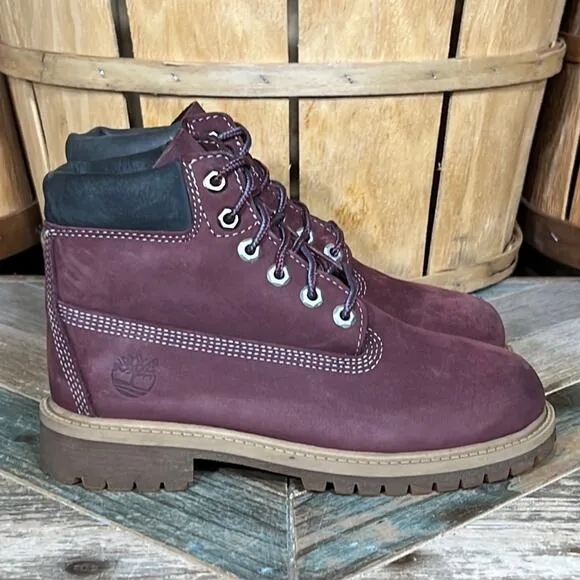 Timberland 6-Inch Premium Deep Burgundy Nubuck Waterproof Lace-Up Boots Boys 1