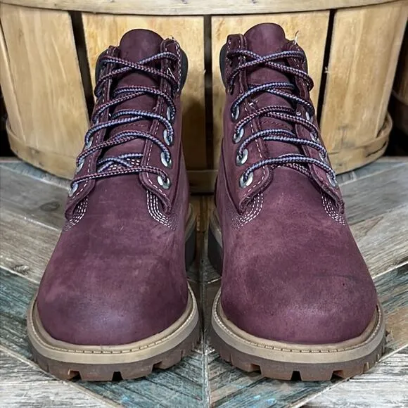 Timberland 6-Inch Premium Deep Burgundy Nubuck Waterproof Lace-Up Boots Boys 1