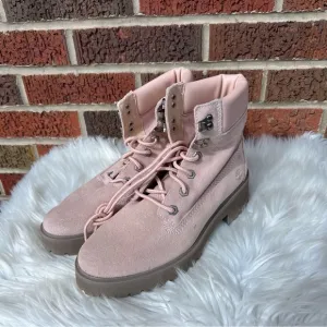 Timberland Baby Pink Suede Chunky Heel Round Toe Boots