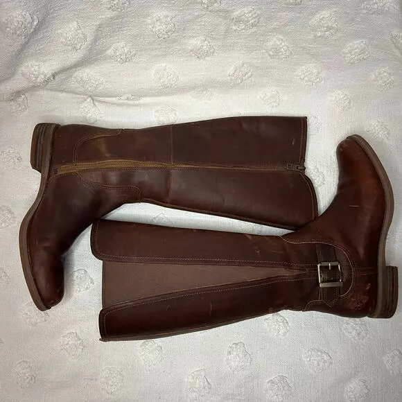 Timberland Brown Leather Knee High Riding Boots Women’s 9 Side Zip Round Toe