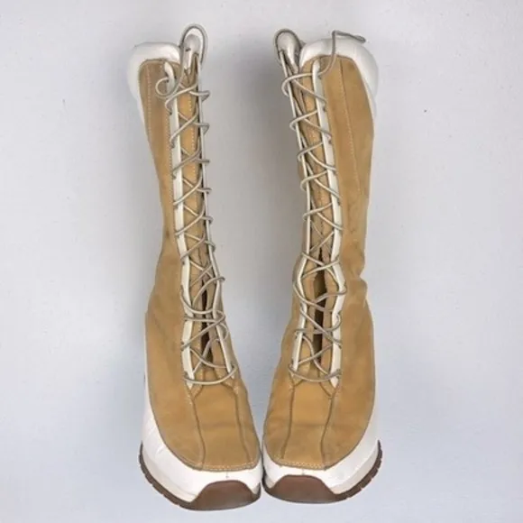 Timberland Lace-Up Boots Platform Calf-Height Leather Camel/White Upper RARE!