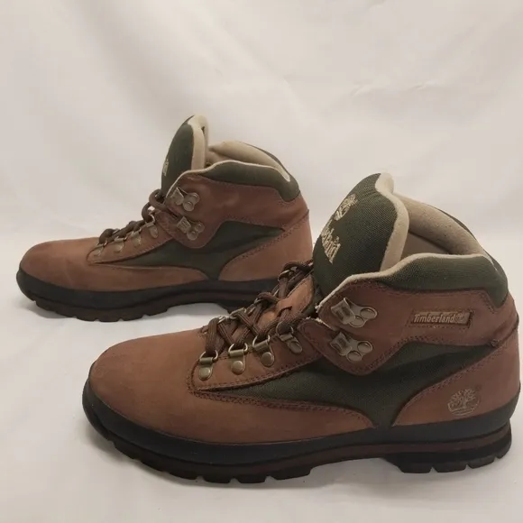 Timberland Mens Size 10 1/2 Hiking Boots Brown Leather Green Sides Lace Up