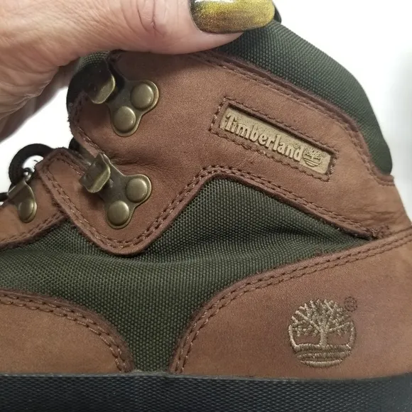 Timberland Mens Size 10 1/2 Hiking Boots Brown Leather Green Sides Lace Up