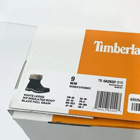 Timberland NWB Sz 9 Jet Black White Ledge Mid PrimaLoft Pull-On Snow Boots