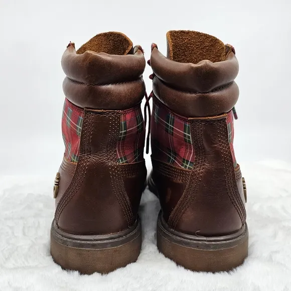 Timberland sugar &amp; spice red plaid leather hiking boots Size 9.5