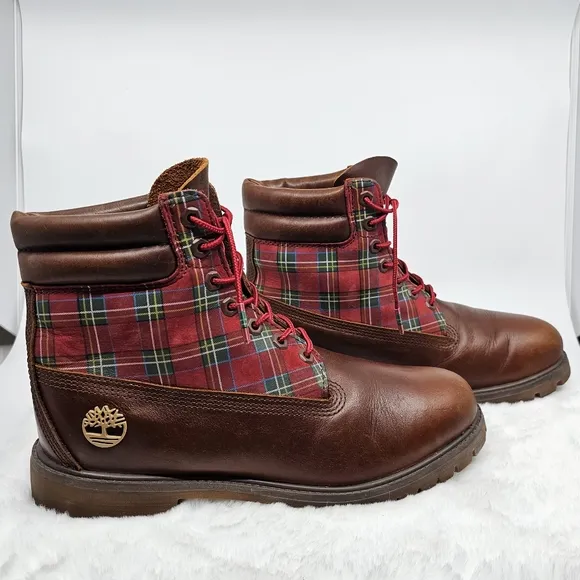 Timberland sugar &amp; spice red plaid leather hiking boots Size 9.5