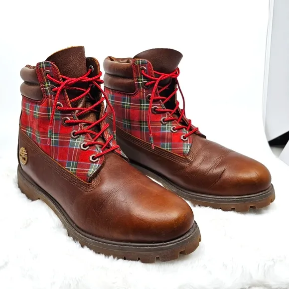 Timberland sugar &amp; spice red plaid leather hiking boots Size 9.5