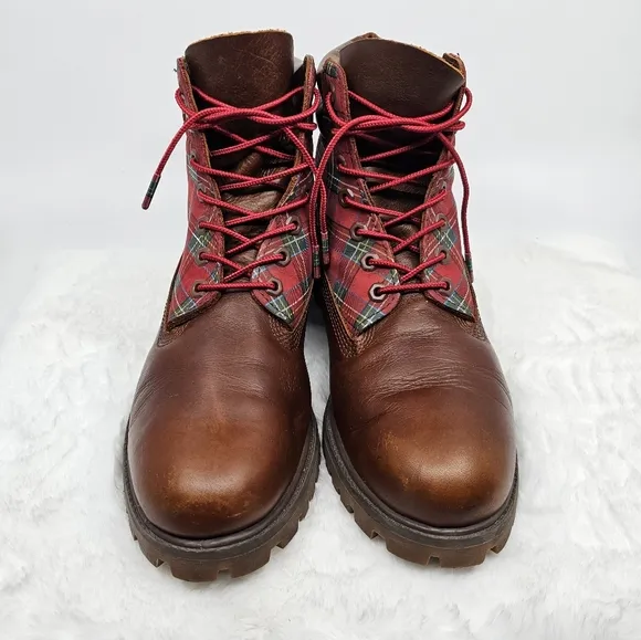 Timberland sugar &amp; spice red plaid leather hiking boots Size 9.5