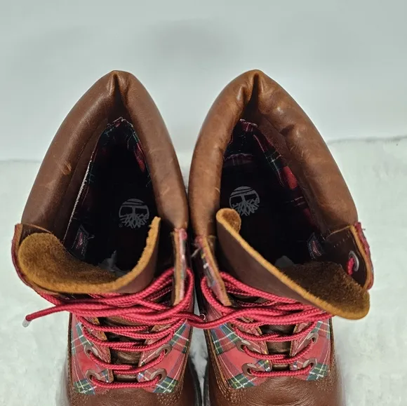 Timberland sugar &amp; spice red plaid leather hiking boots Size 9.5