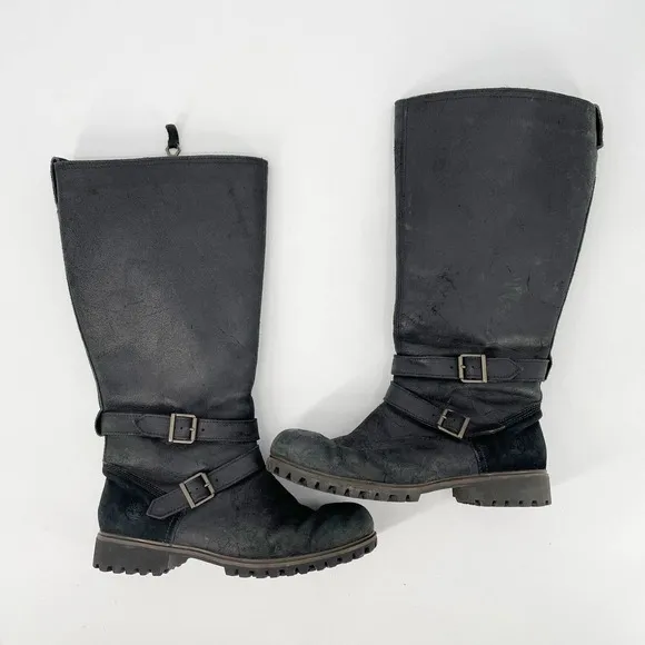 Timberland Wheelright Boots Shoes Sz 11 Black Leather Suede Wide Calf Knee High