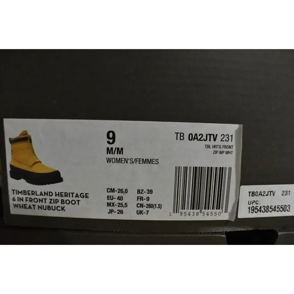 Timberland Heritage Womens Size 9 Modern Zip 6in Wheat Nubuck Waterproof Boots