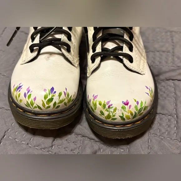 Toddler Dr. Marten White Patent Leather Boots with Hand Painted Flowers US 9