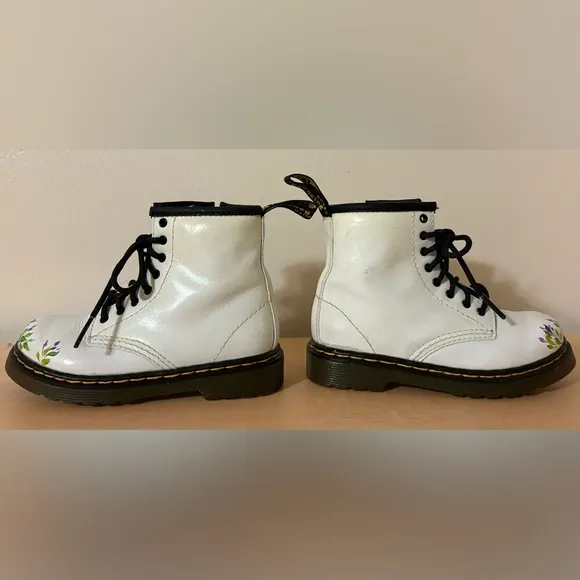 Toddler Dr. Marten White Patent Leather Boots with Hand Painted Flowers US 9