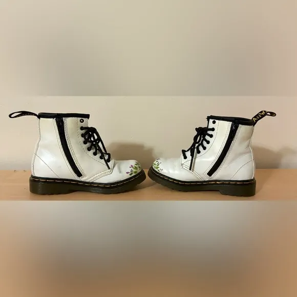 Toddler Dr. Marten White Patent Leather Boots with Hand Painted Flowers US 9