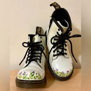 Toddler Dr. Marten White Patent Leather Boots with Hand Painted Flowers US 9