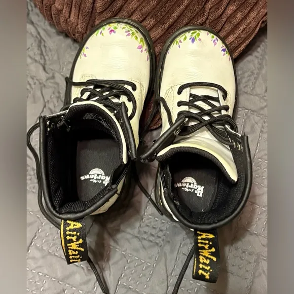 Toddler Dr. Marten White Patent Leather Boots with Hand Painted Flowers US 9