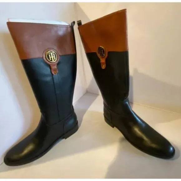 Tommy Hilfiger Ilia4 Women Black/Brown Leather AlmondToe KneeHigh RidingBoot 10M