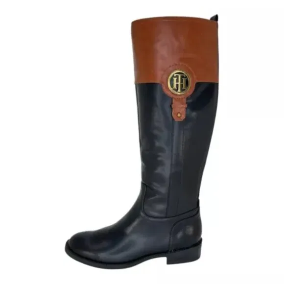 Tommy Hilfiger Ilia4 Women Black/Brown Leather AlmondToe KneeHigh RidingBoot 10M