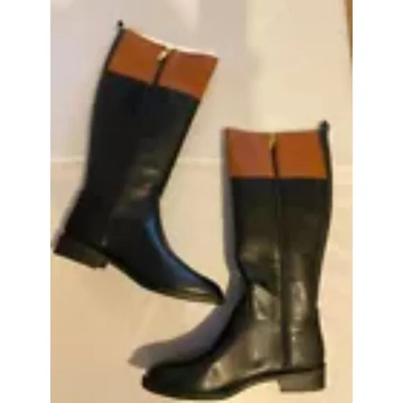 Tommy Hilfiger Ilia4 Women Black/Brown Leather AlmondToe KneeHigh RidingBoot 10M