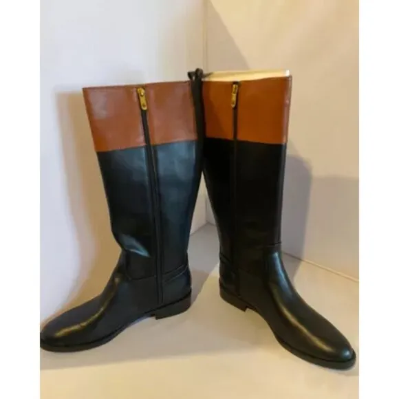 Tommy Hilfiger Ilia4 Women Black/Brown Leather AlmondToe KneeHigh RidingBoot 10M