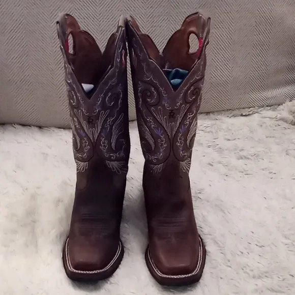 Tony Lama Deadstock Leather Purple Floral Tooled Western Cowboy Boot