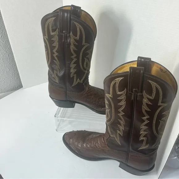 TONY LAMA Men’s Ostrich Quill Leather Western Cowboy Boots USA Brown 9.5D