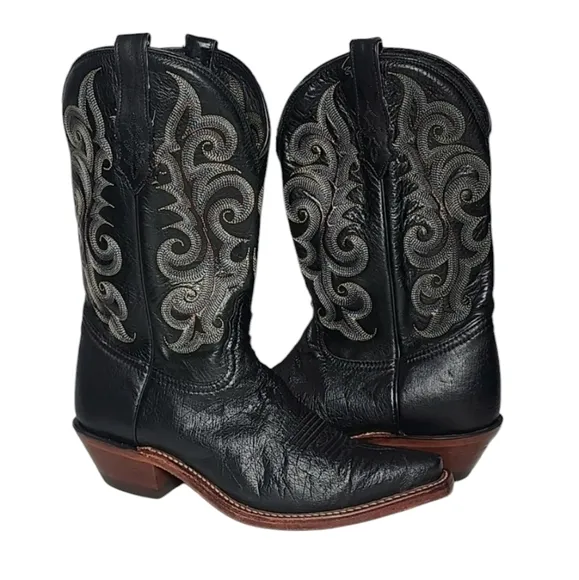 Tony Lama Women's Boots Black Point w/ Multicolor‎ Stitch Upper TL4277  Size 6