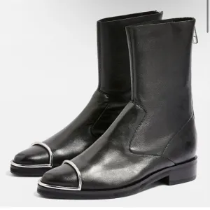 Topshop Black Zipper Flat Booties Metal Embellished Fashion Ankle Boots