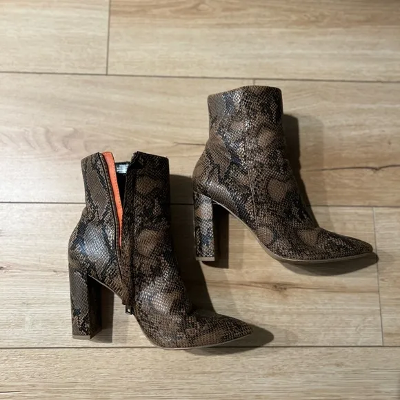 “Tori” Brown High Heel Snakeskin Ankle Boots