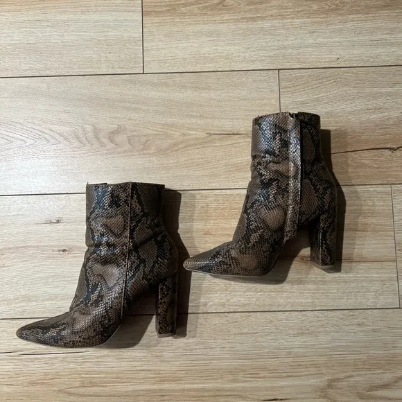 “Tori” Brown High Heel Snakeskin Ankle Boots