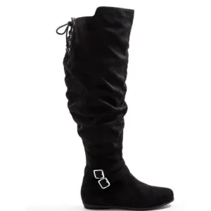 Torrid Black Double Buckle Over The Knee Boots Suede Lace Up Thigh 9.5 WW NEW