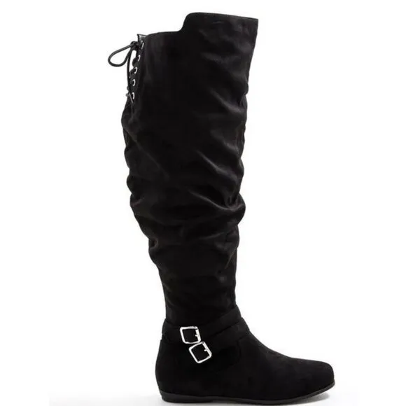 Torrid Black Double Buckle Over The Knee Boots Suede Lace Up Thigh 9.5 WW NEW