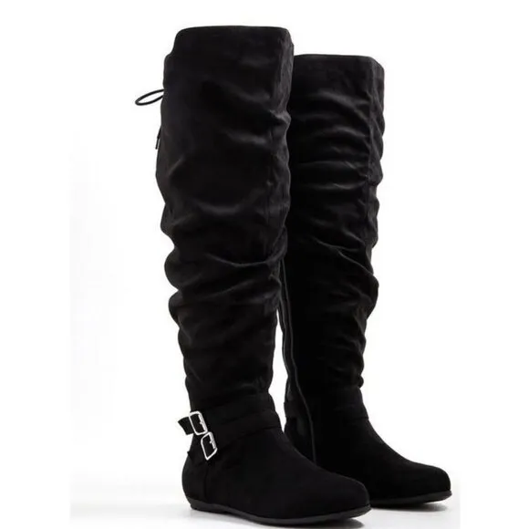 Torrid Black Double Buckle Over The Knee Boots Suede Lace Up Thigh 9.5 WW NEW