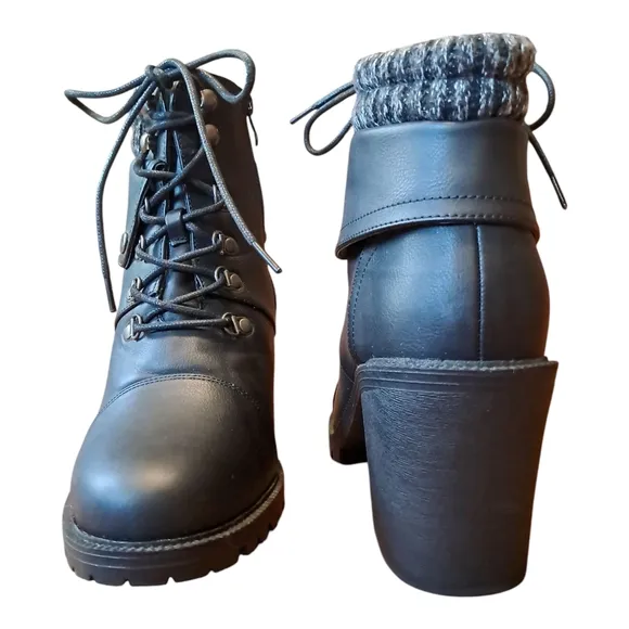 Torrid Black Heeled Boots with Chunky Heel and Knitted Cuff