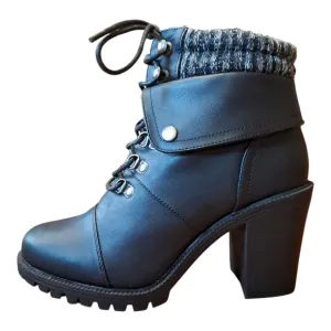 Torrid Black Heeled Boots with Chunky Heel and Knitted Cuff