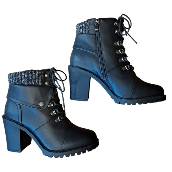 Torrid Black Heeled Boots with Chunky Heel and Knitted Cuff