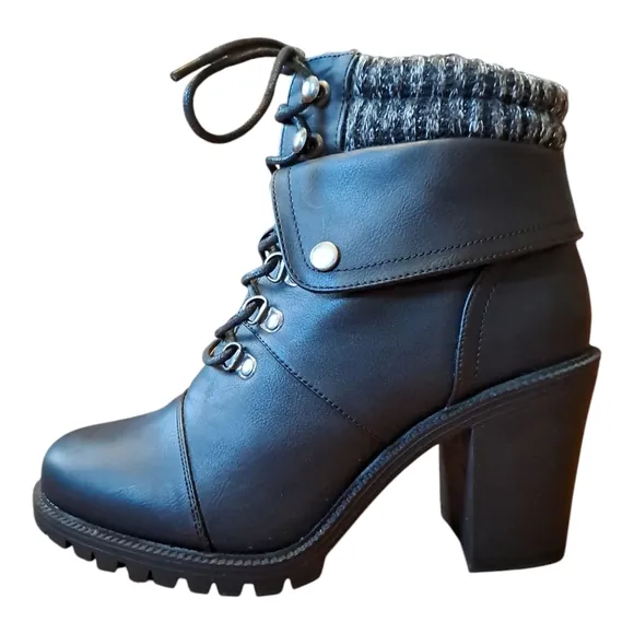 Torrid Black Heeled Boots with Chunky Heel and Knitted Cuff
