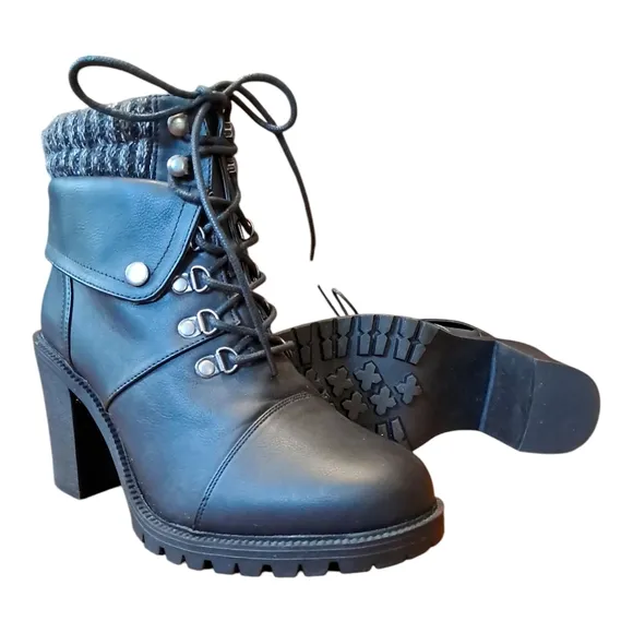 Torrid Black Heeled Boots with Chunky Heel and Knitted Cuff