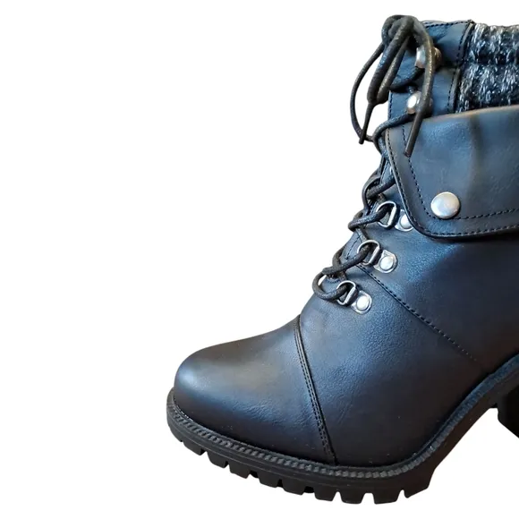 Torrid Black Heeled Boots with Chunky Heel and Knitted Cuff