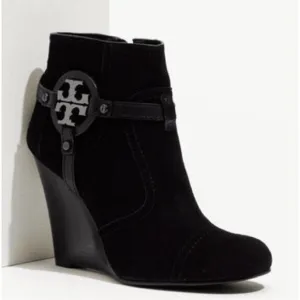 Tory Burch Aaden Black Suede Stacked Wedge HeelAnkle Booties Boots Size 6