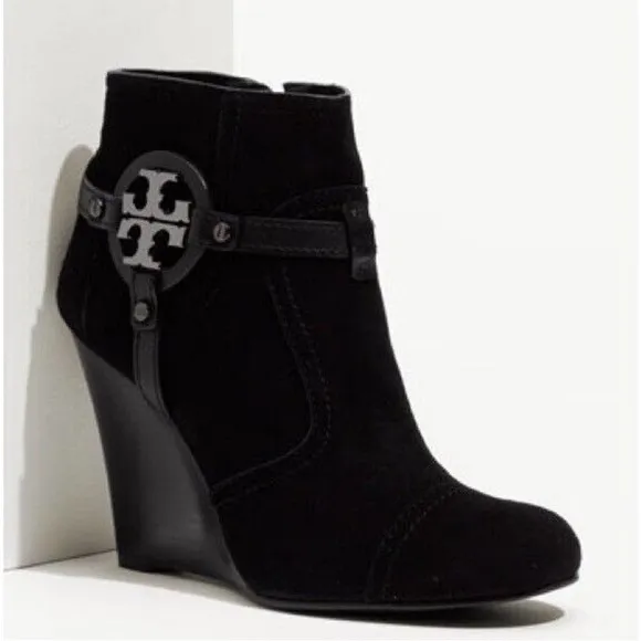 Tory Burch Aaden Black Suede Stacked Wedge HeelAnkle Booties Boots Size 6