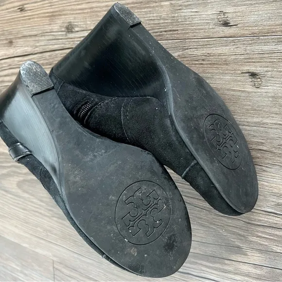 Tory Burch Aaden Black Suede Stacked Wedge HeelAnkle Booties Boots Size 6